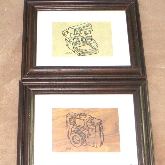 Set Of 2 Framed Sketches Of Cameras Wall Decor Photographers Studio - Picture 1 of 5